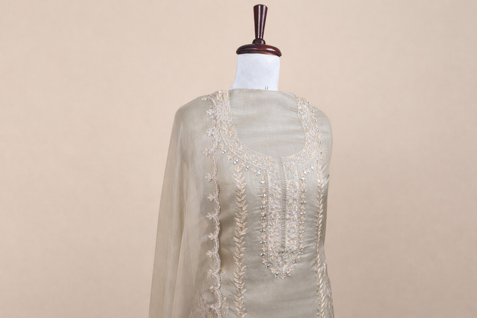 Beige Pure Organza with Mirror,Dori and Applique Embroidery Suit