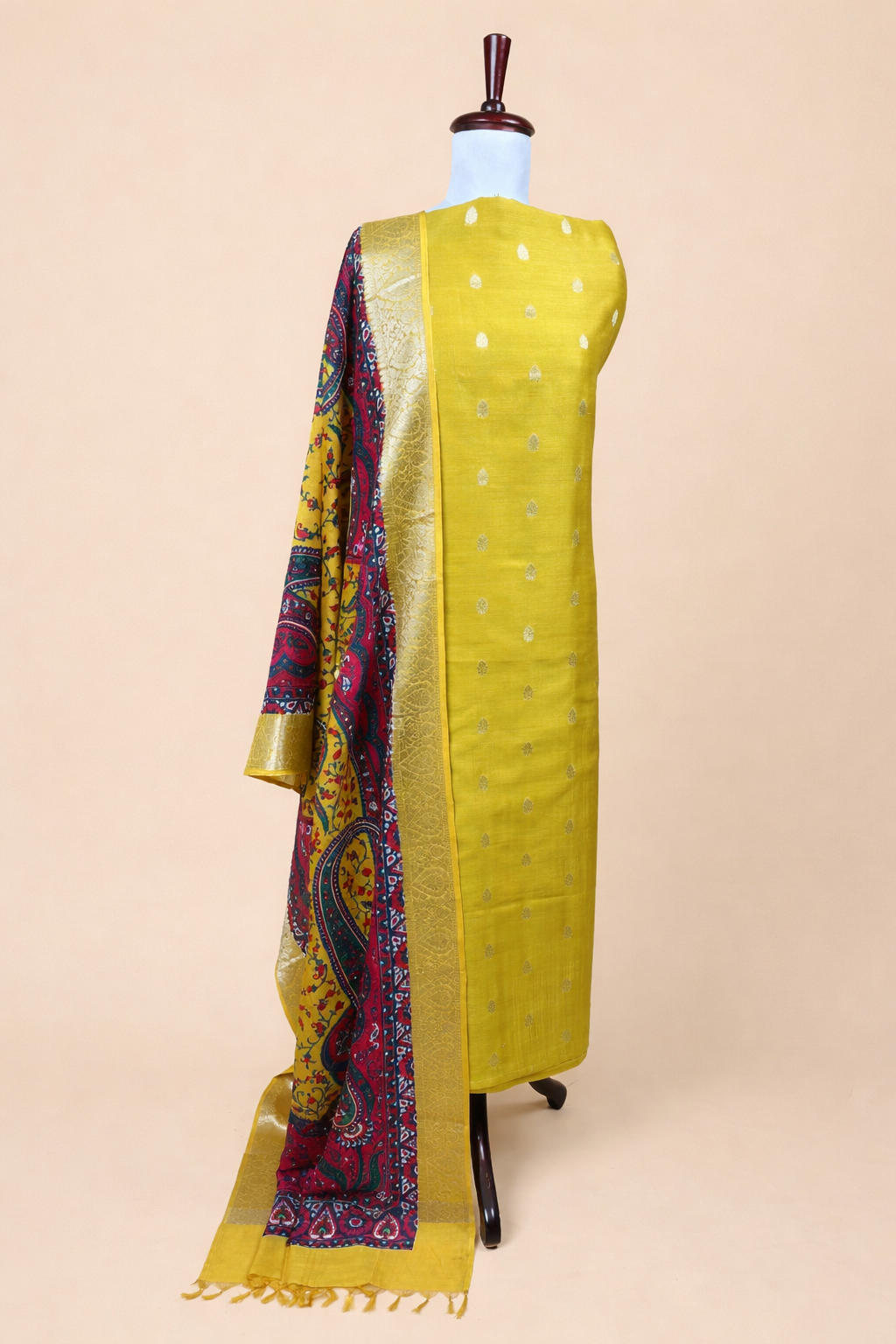 Lemon Yellow Pure Chanderi with Banarasi Motifs Embroidery Suit with Dupatta