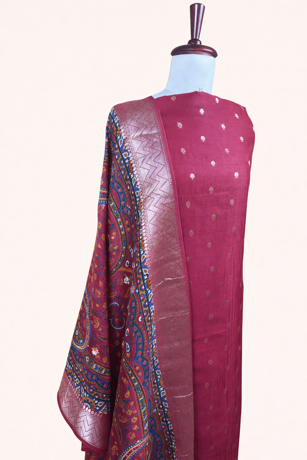 Red Pure Chanderi with Banarasi Motifs Embroidery Suit with Dupatta