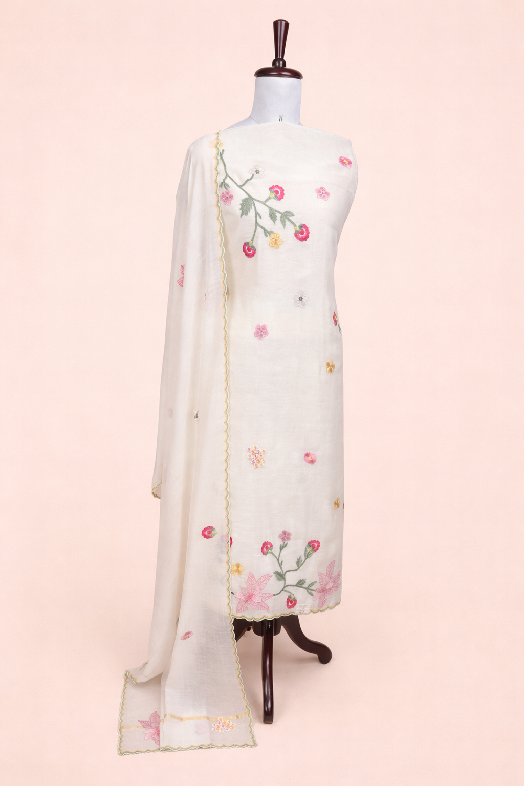 Pure Mulmul Chanderi Applique Floral and Motifs Embroidery Suit With Dupatta