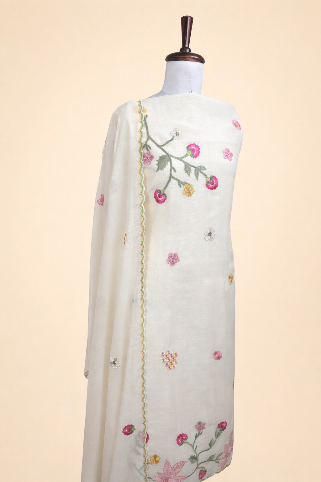 Pure Mulmul Chanderi Applique Floral and Motifs Embroidery Suit With Dupatta