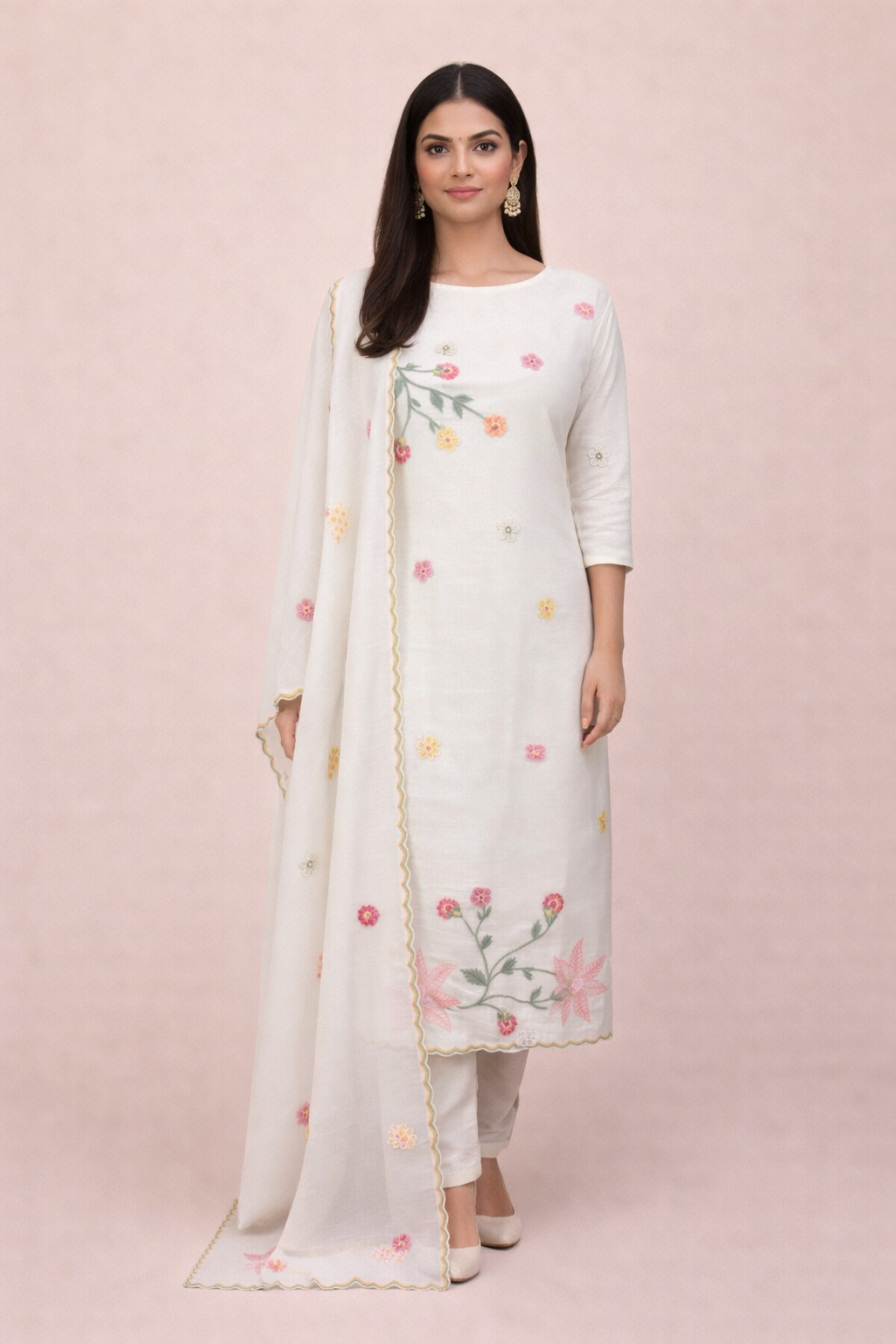 Pure Mulmul Chanderi Applique Floral and Motifs Embroidery Suit With Dupatta