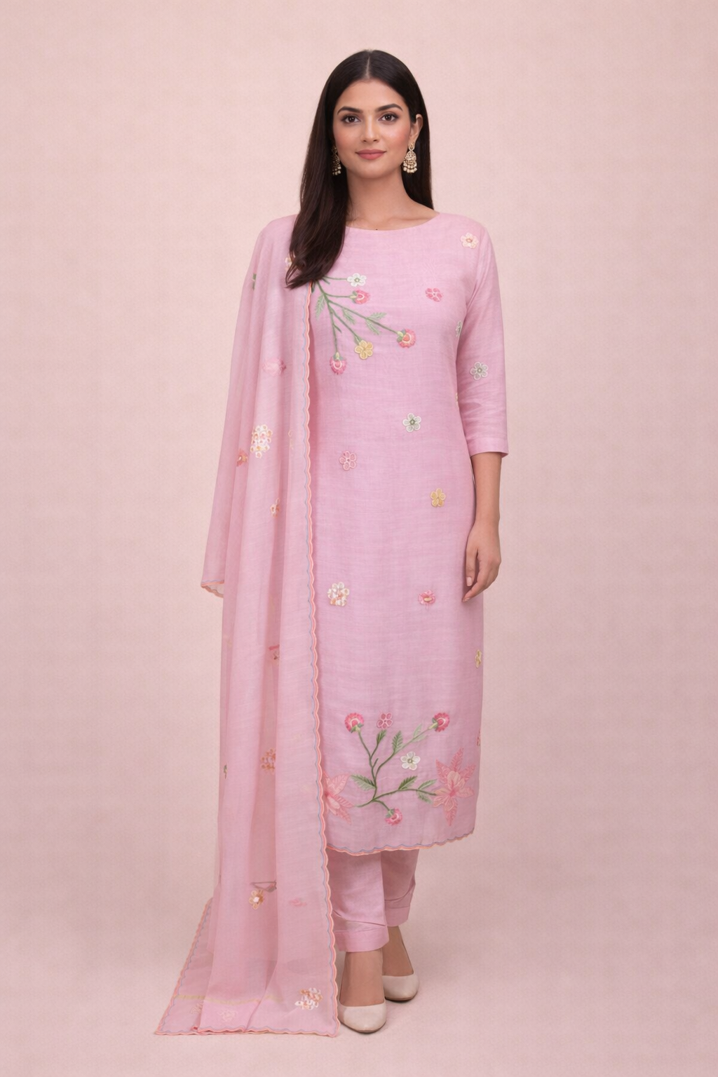 Pure Mulmul Chanderi Applique Floral and Motifs Embroidery Suit With Dupatta