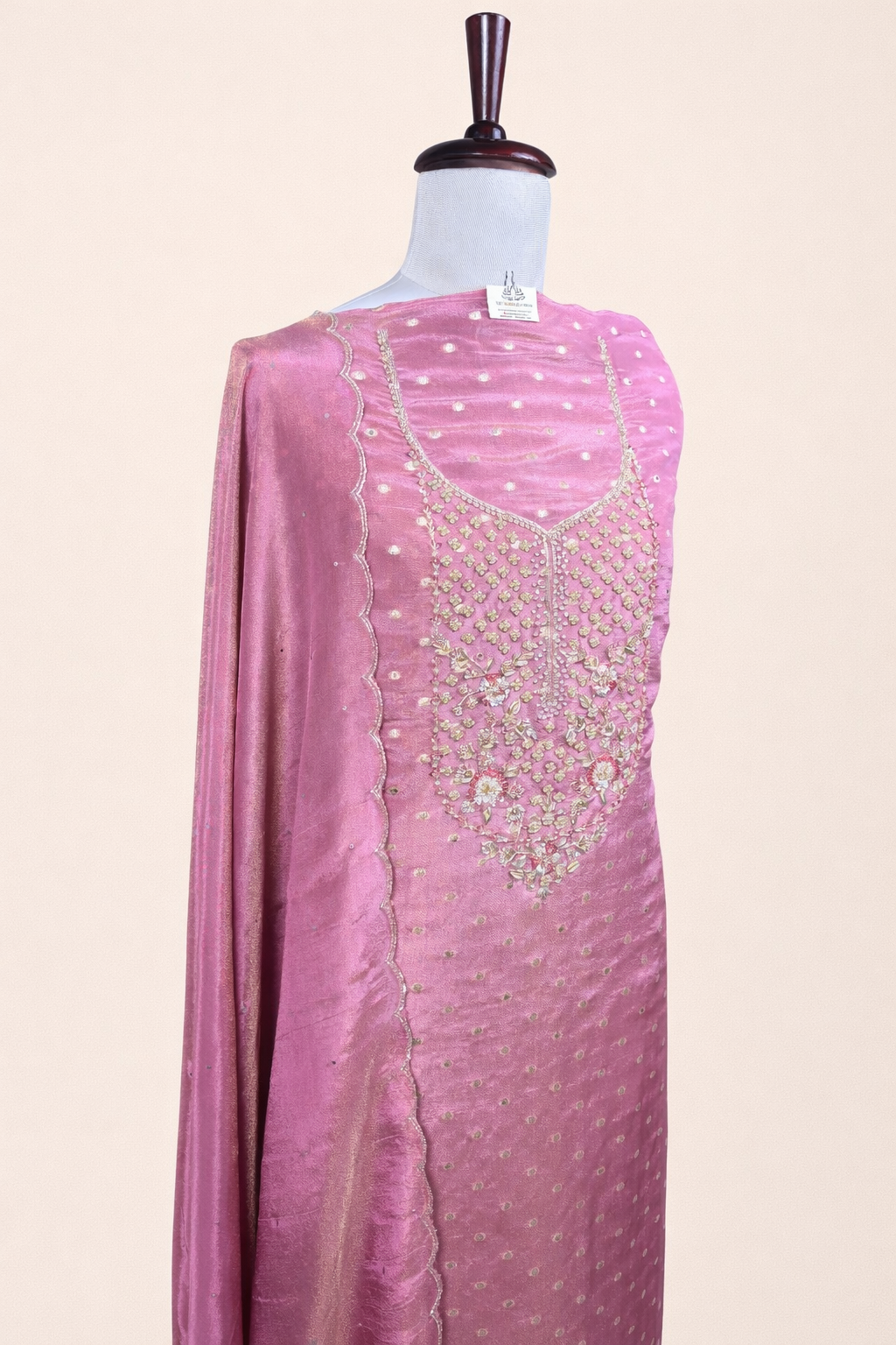 Pure Tissue with Banarasi Weave and Bead,Pearl and Zardozi Embroidery Suit