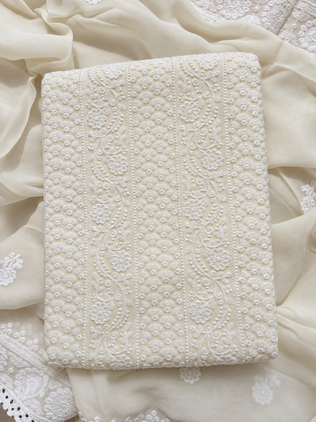 White Naaz Mulmul Lucknowi thread embroidery