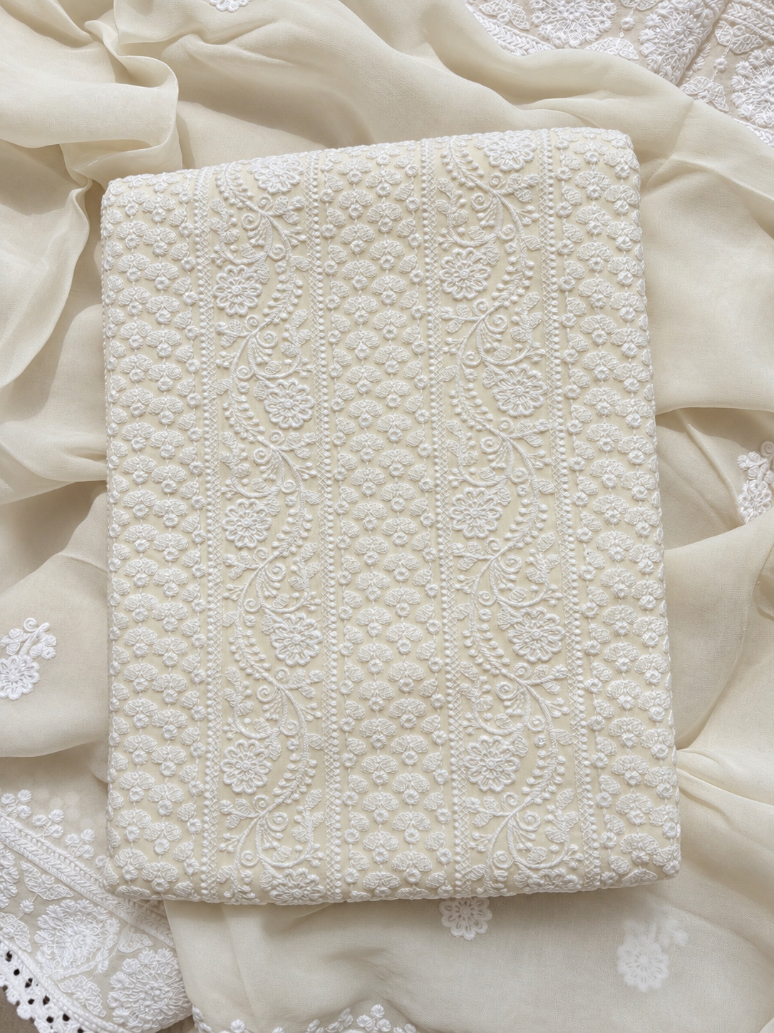 White Naaz Mulmul Lucknowi thread embroidery