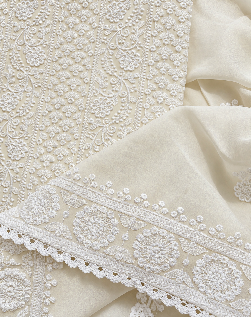 White Naaz Mulmul Lucknowi thread embroidery