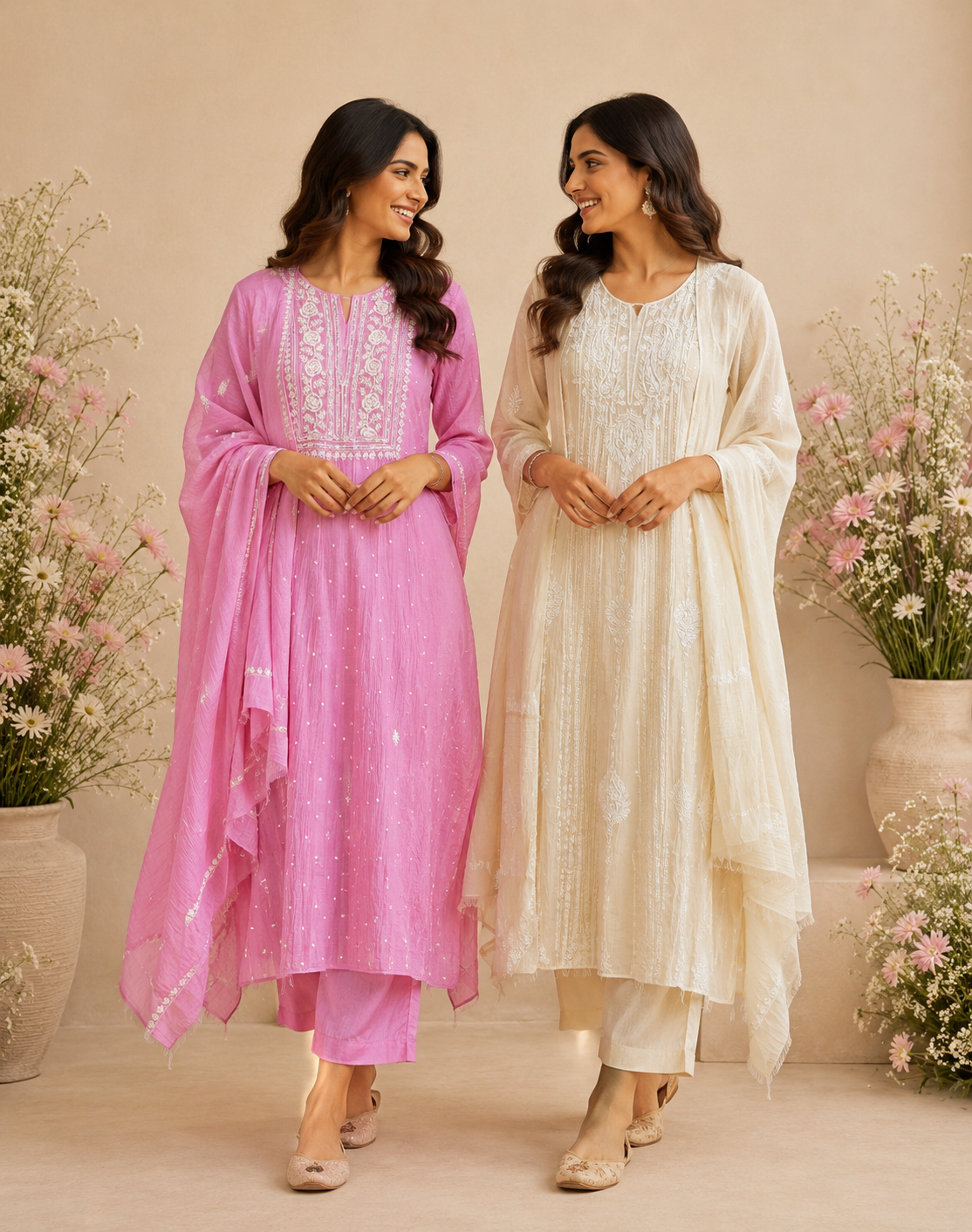 Anarkali Pure Mulmul Luckhnavi Unstitched Suit with Pearl Embroidery