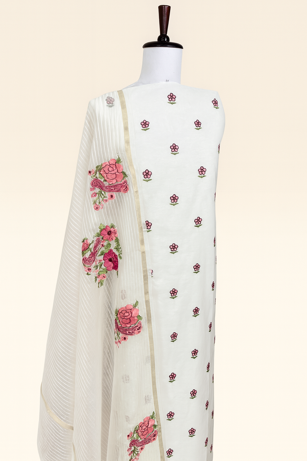 White Mulmul Chanderi with Floral Embroidery Suit