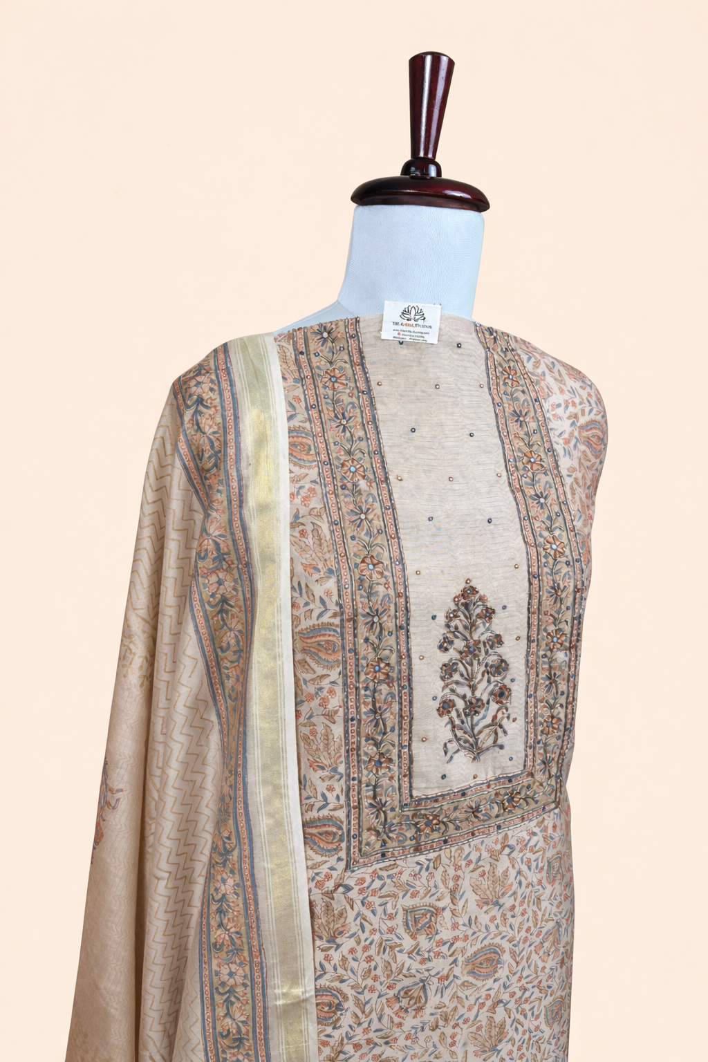 Brown Gold Pure Chanderi Floral Printed and Zaradozi work Embroidery Suit