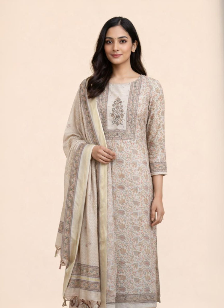 Brown Gold Pure Chanderi Floral Printed and Zaradozi work Embroidery Suit