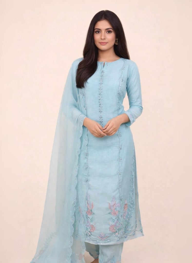 Cyan Pure Organza with Mirror, Dori and Applique Embroidery Suit