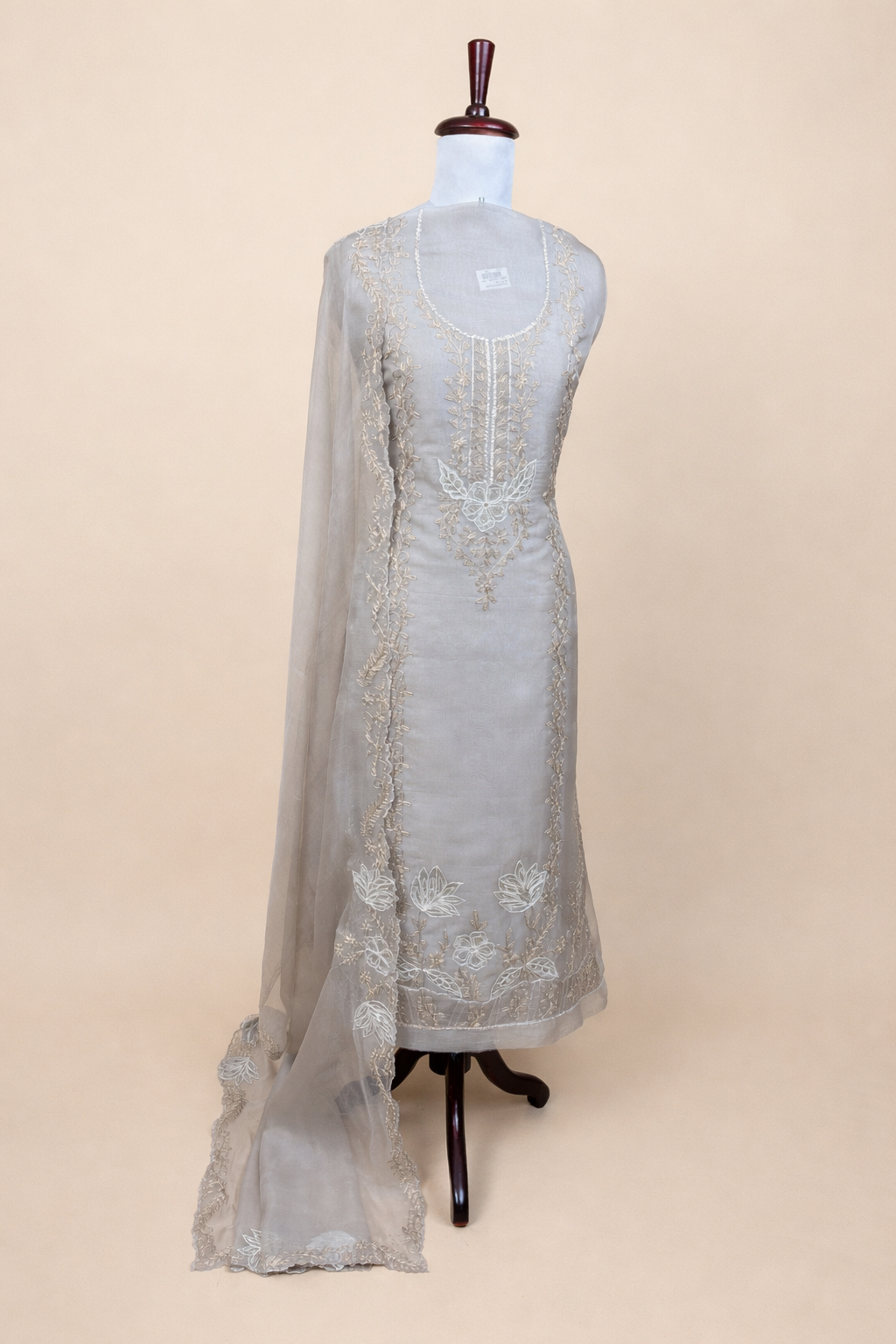 Beige Pure Organza with Gotta and Dori Embroidery Suit