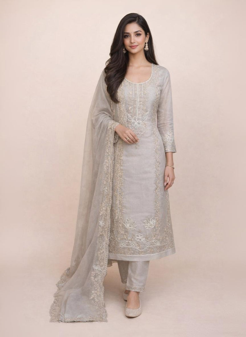 Beige Pure Organza with Gotta and Dori Embroidery Suit