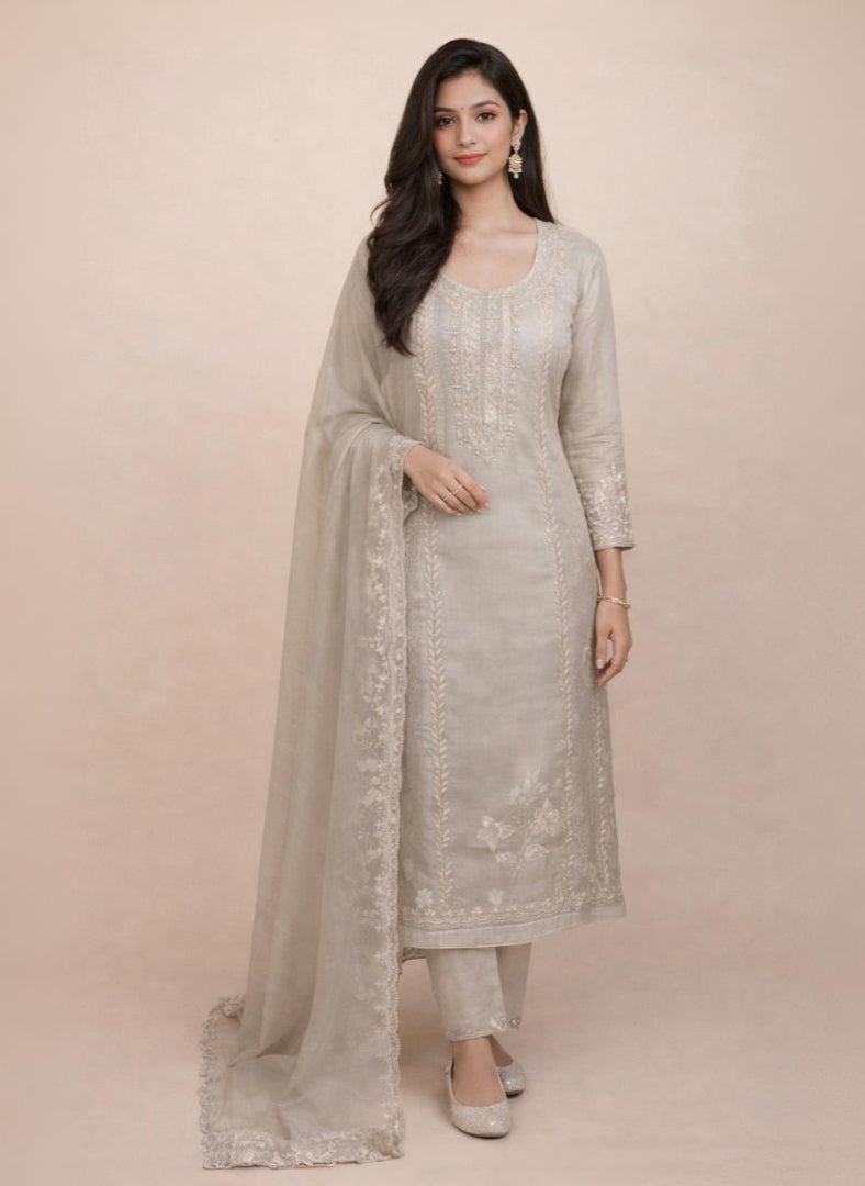 Beige Pure Organza with Mirror,Dori and Applique Embroidery Suit