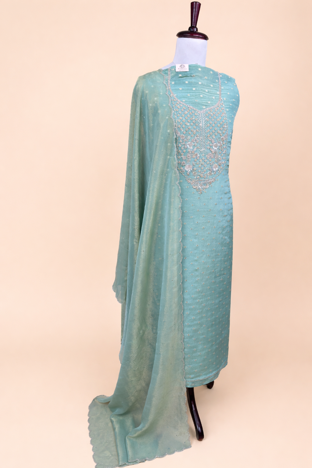 Pure Tissue with Banarasi Weave and Bead,Pearl and Zardozi Embroidery Suit