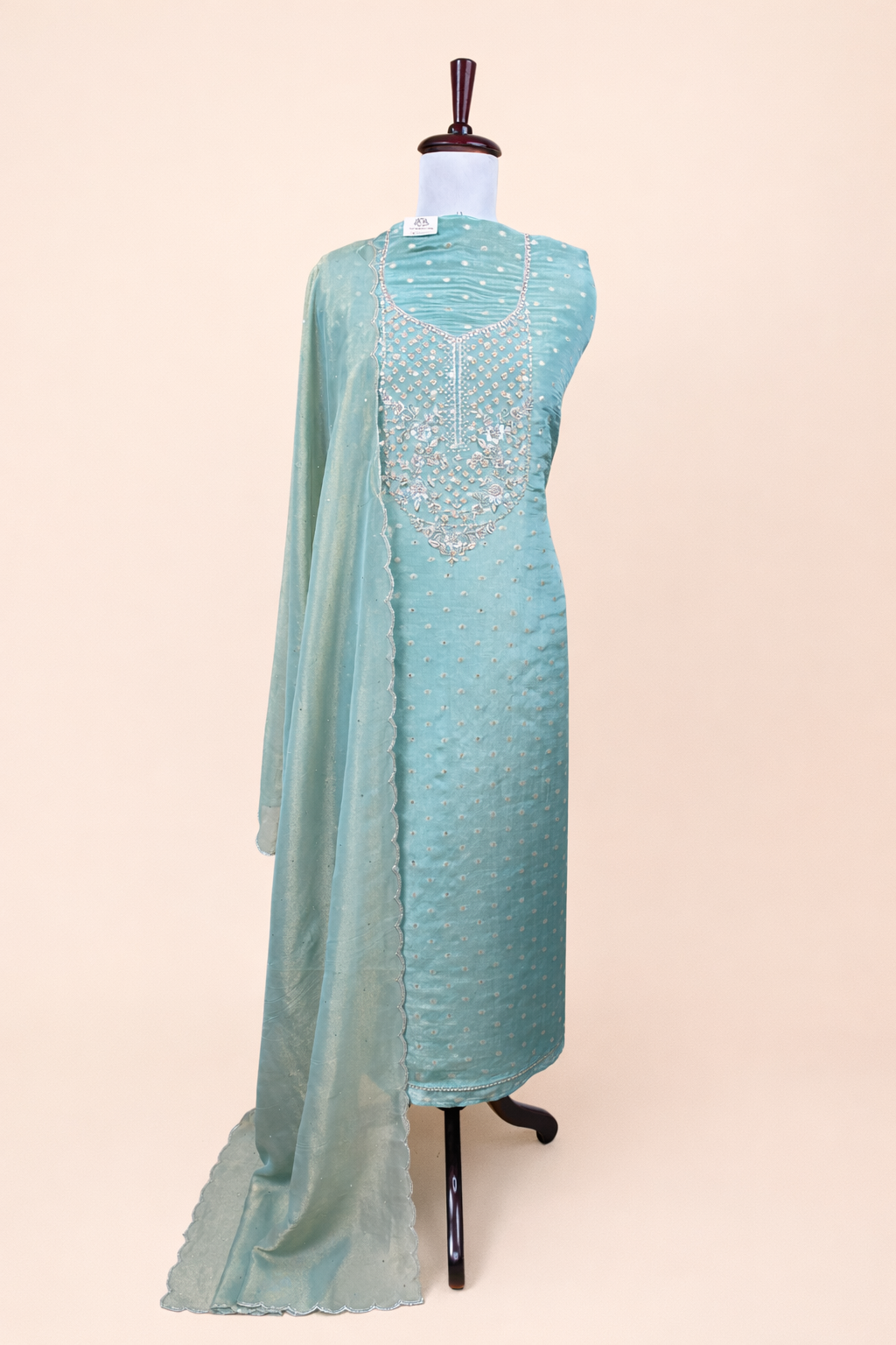 Pure Tissue with Banarasi Weave and Bead,Pearl and Zardozi Embroidery Suit