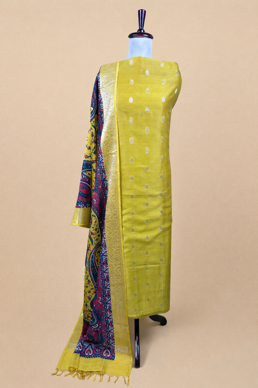 Lemon Yellow Pure Chanderi with Banarasi Motifs Embroidery Suit with Dupatta