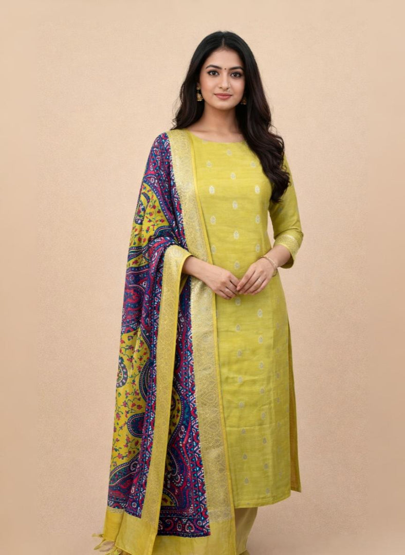 Lemon Yellow Pure Chanderi with Banarasi Motifs Embroidery Suit with Dupatta
