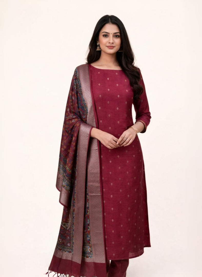 Red Pure Chanderi with Banarasi Motifs Embroidery Suit with Dupatta