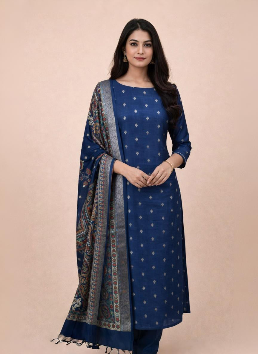 Blue Pure Chanderi with Banarasi Motifs Embroidery Suit with Dupatta