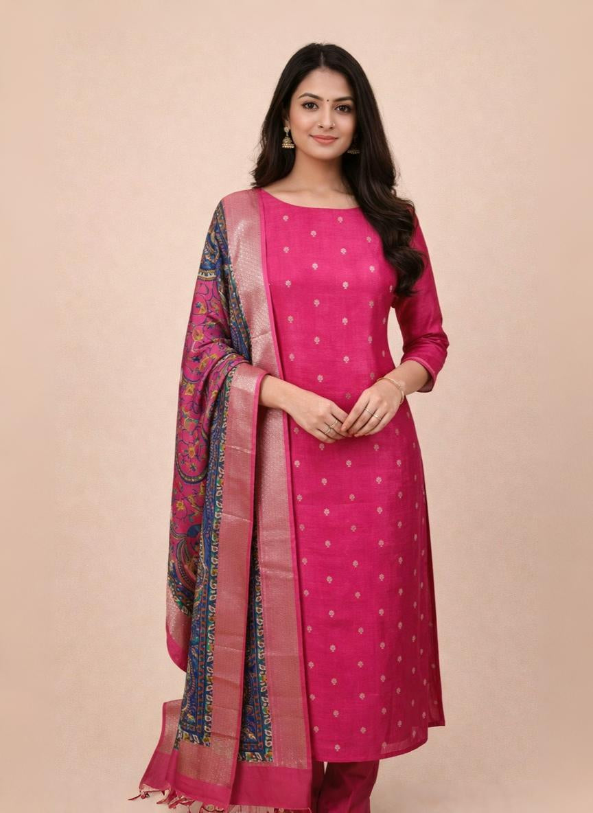 Pink Pure Chanderi with Banarasi Motifs Embroidery Suit with Dupatta