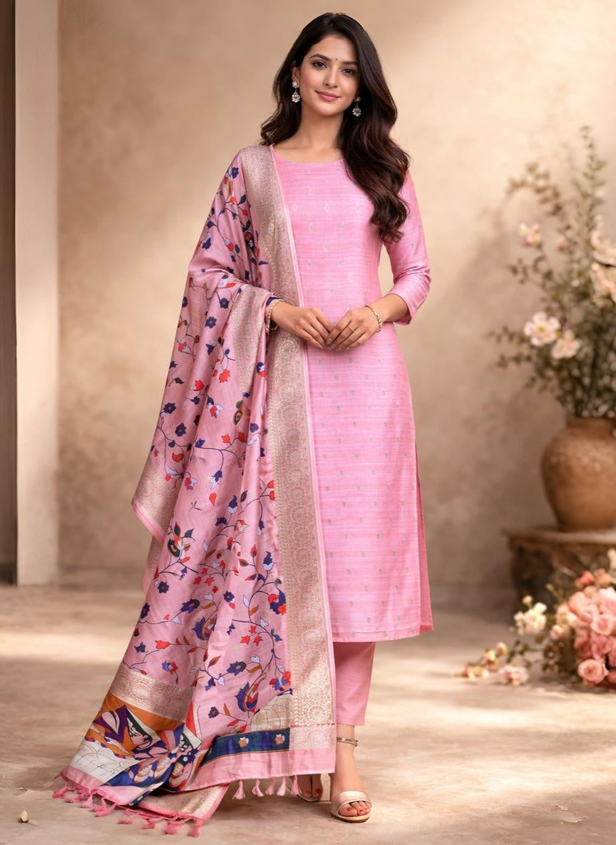 Peach Pure chanderi with Banarasi Motifs Embroidery Suit with Kalamkari Dupatta