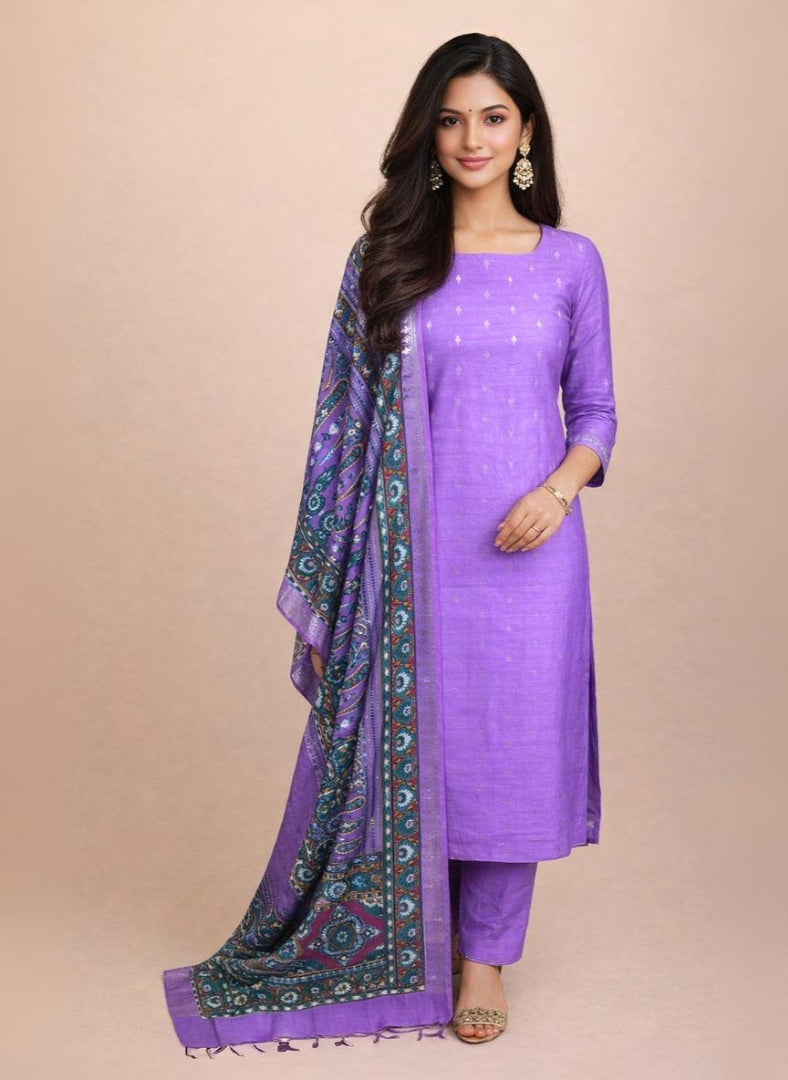 Purple Pure chanderi with Banarasi Motifs Embroidery Suit with Printed Dupatta