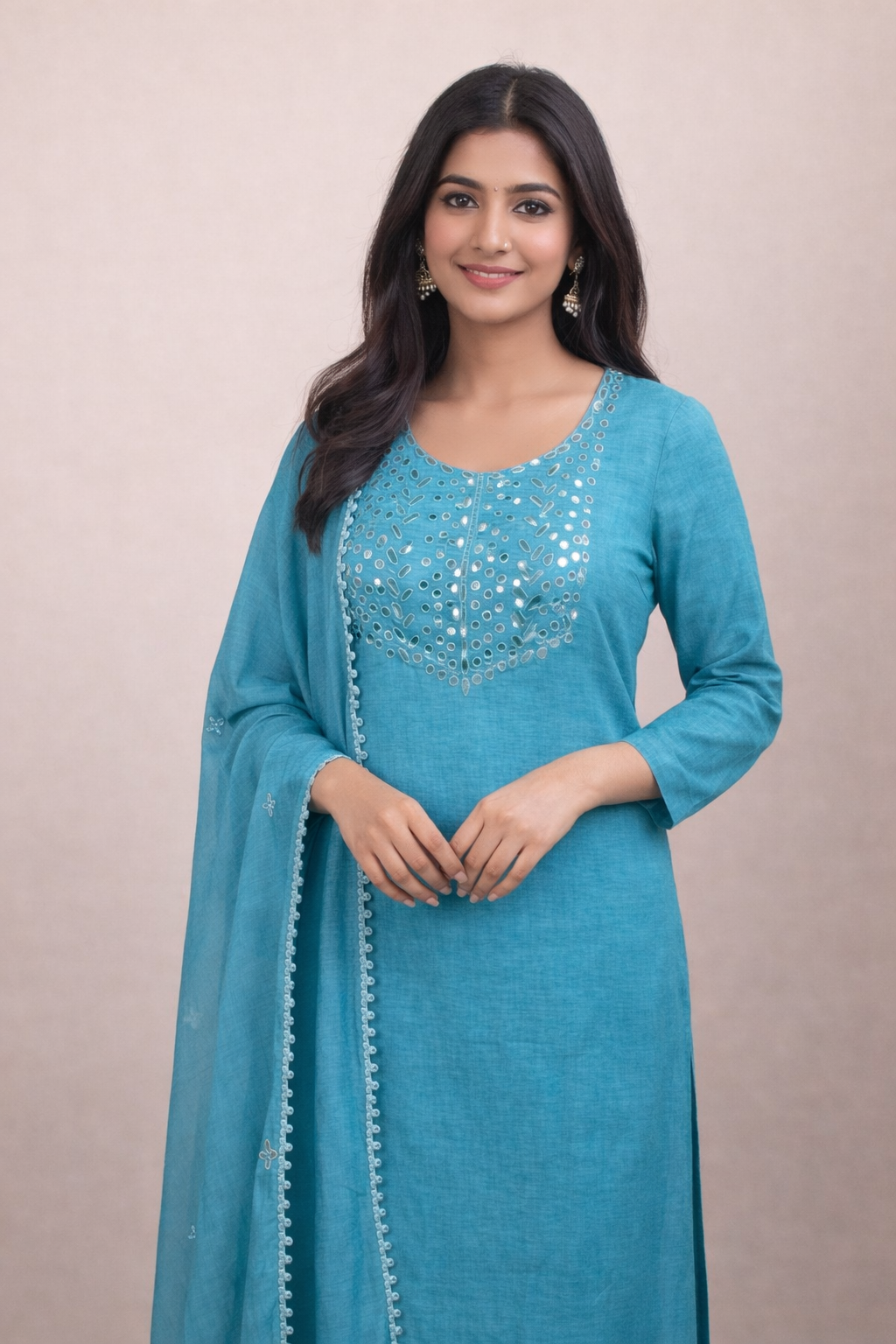 Pure Mulmul Chanderi Mirror and Thread Embroidery Suit Set