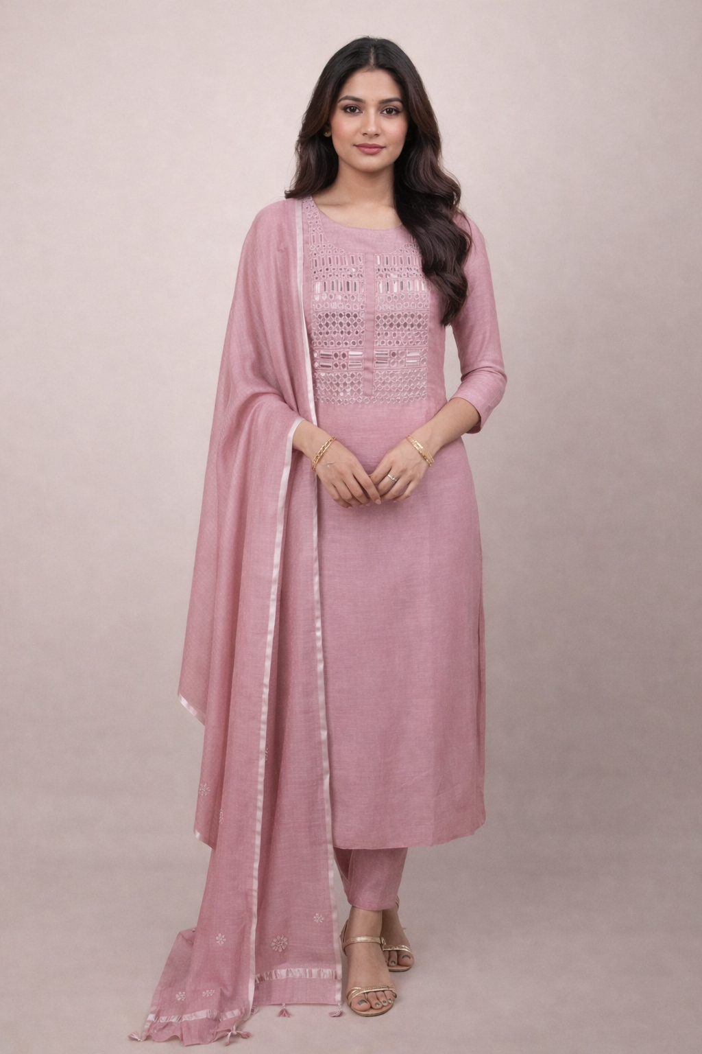 Pure Mulmul Chanderi Mirror and Thread Embroidery Suit Set