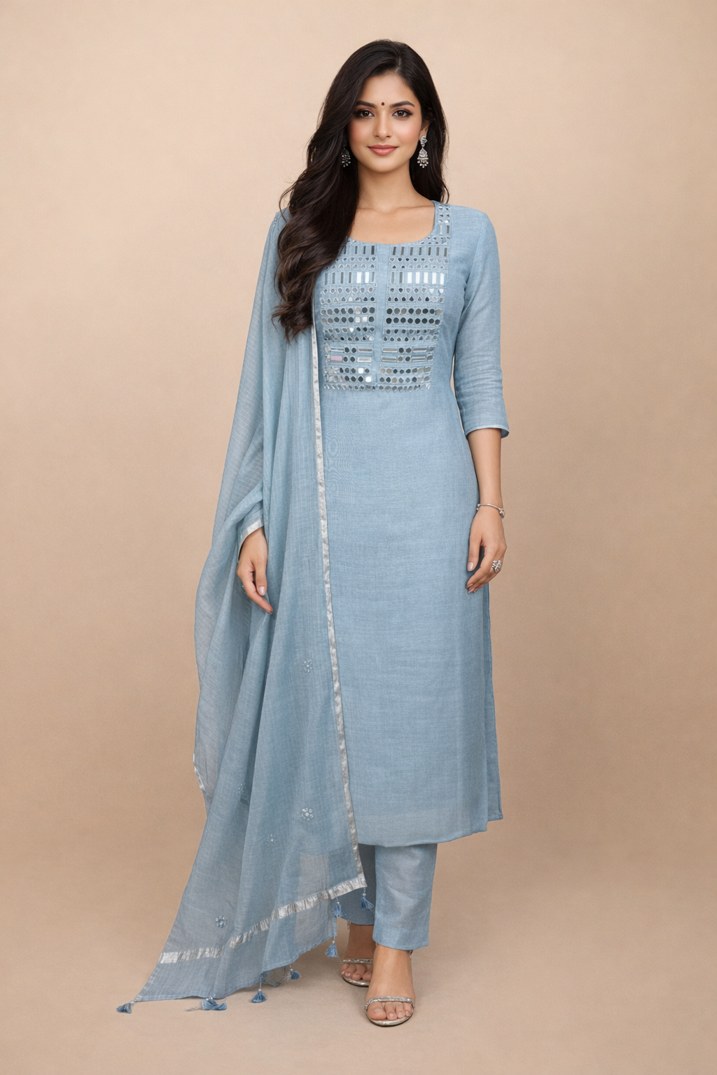 Pure Mulmul Chanderi Mirror and Thread Embroidery Suit Set