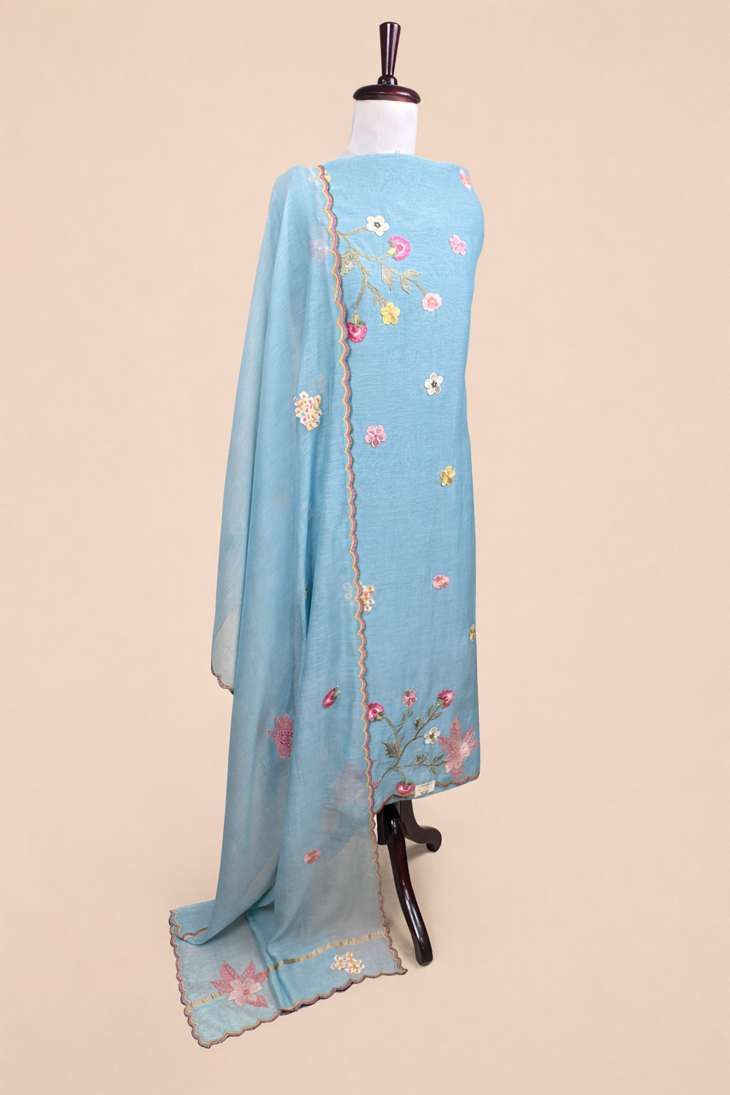 Pure Mulmul Chanderi Applique Floral and Motifs Embroidery Suit With Dupatta