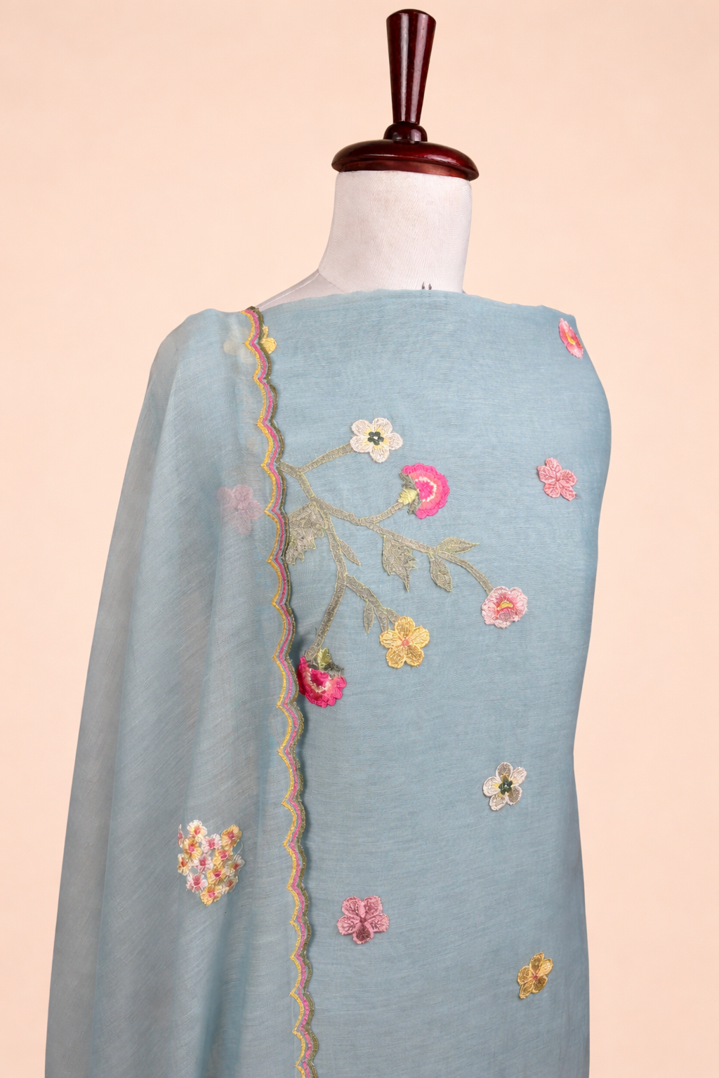 Pure Mulmul Chanderi Applique Floral and Motifs Embroidery Suit With Dupatta