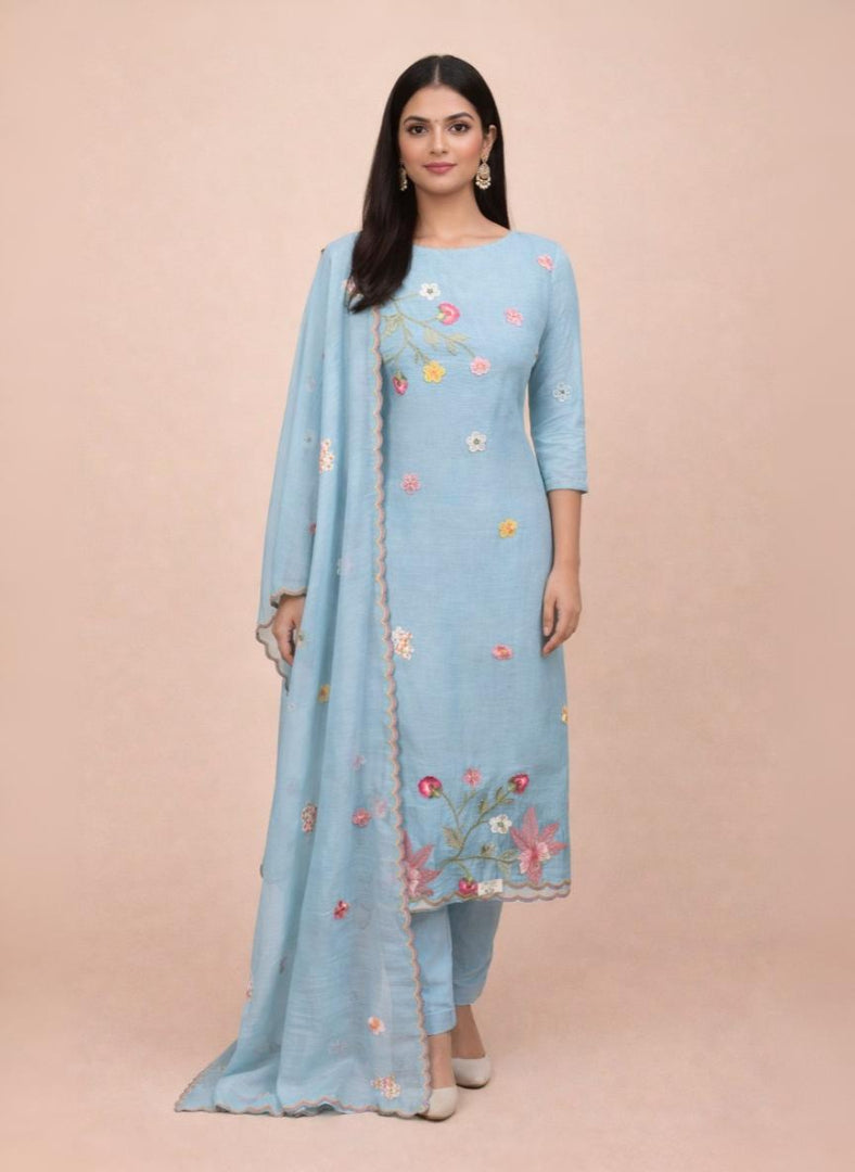 Pure Mulmul Chanderi Applique Floral and Motifs Embroidery Suit With Dupatta