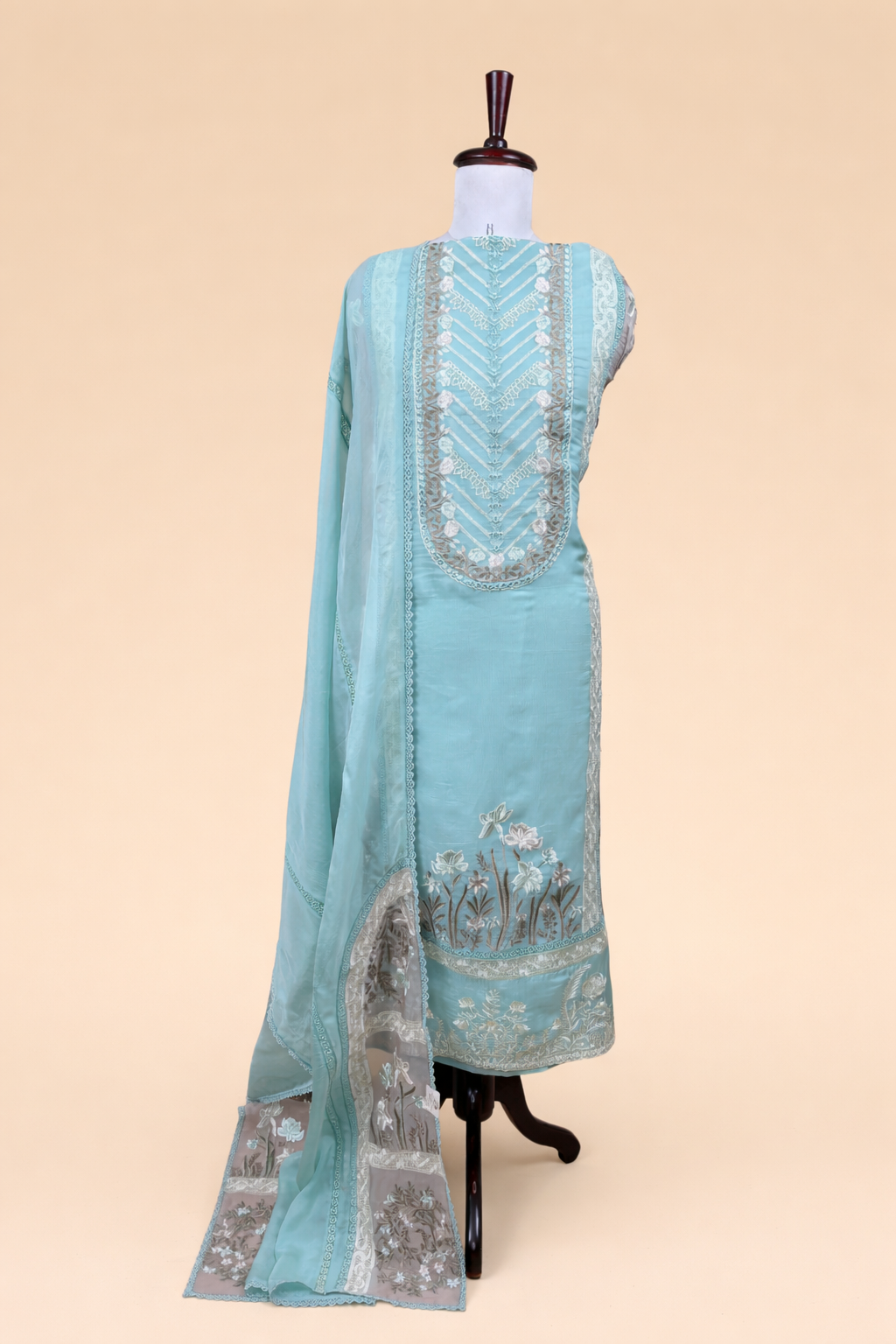 Pure Organza with Sequence ,Laces and Applique work Embroidery Suit
