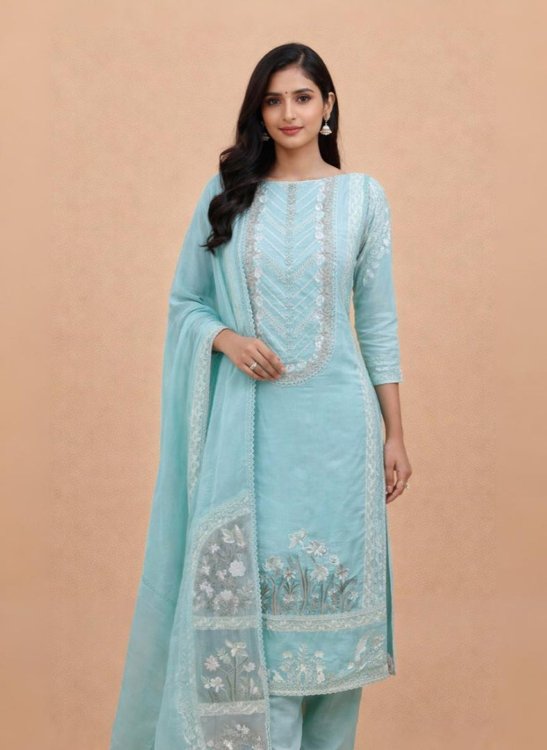 Pure Organza with Sequence ,Laces and Applique work Embroidery Suit