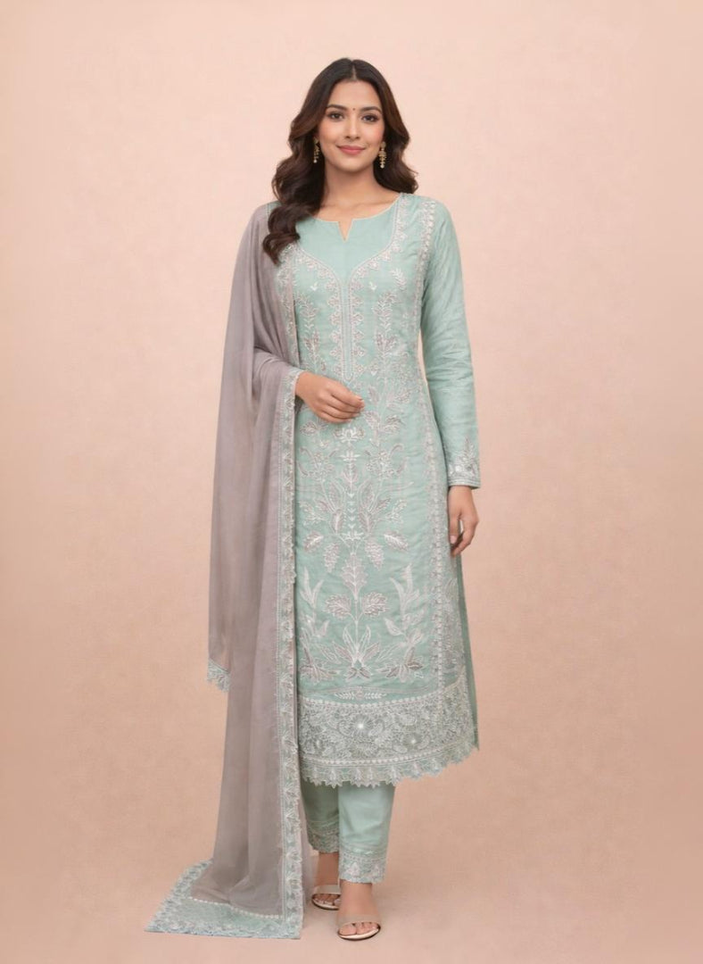 Pure Organza with Thread Floral Embroidery Suit