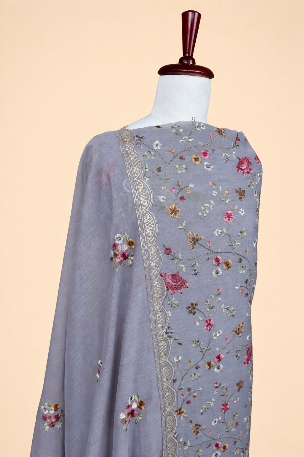 Pure Mulmul Chanderi Pitta work and Thread Floral Embroidery Suit