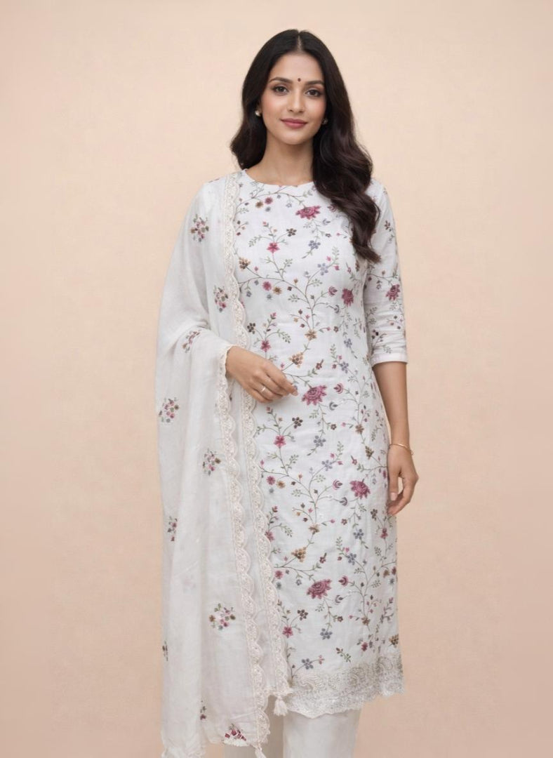 Pure Mulmul Chanderi Pitta work and Thread Floral Embroidery Suit