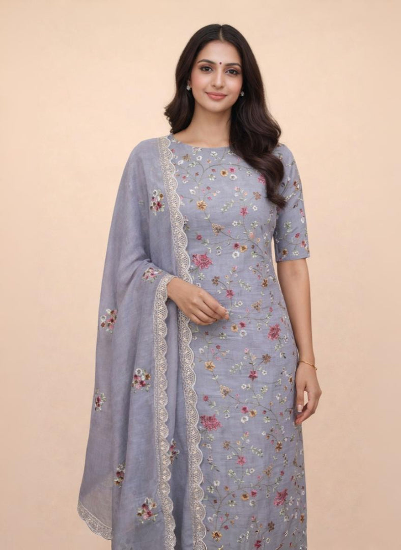 Pure Mulmul Chanderi Pitta work and Thread Floral Embroidery Suit