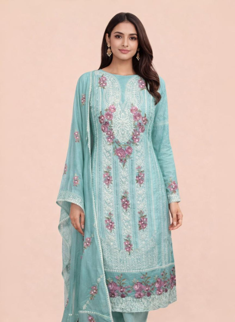 Pure Organza with Laces and Sequence Embroidery Suit