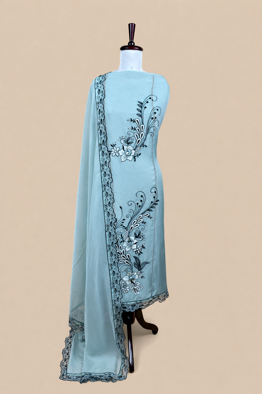 Pure Organza with Black Sequence and Pearl Embroidery Suit