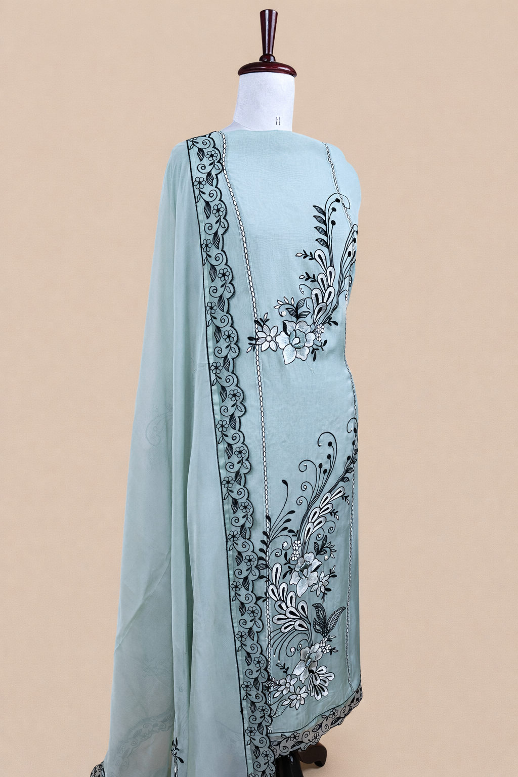 Pure Organza with Black Sequence and Pearl Embroidery Suit