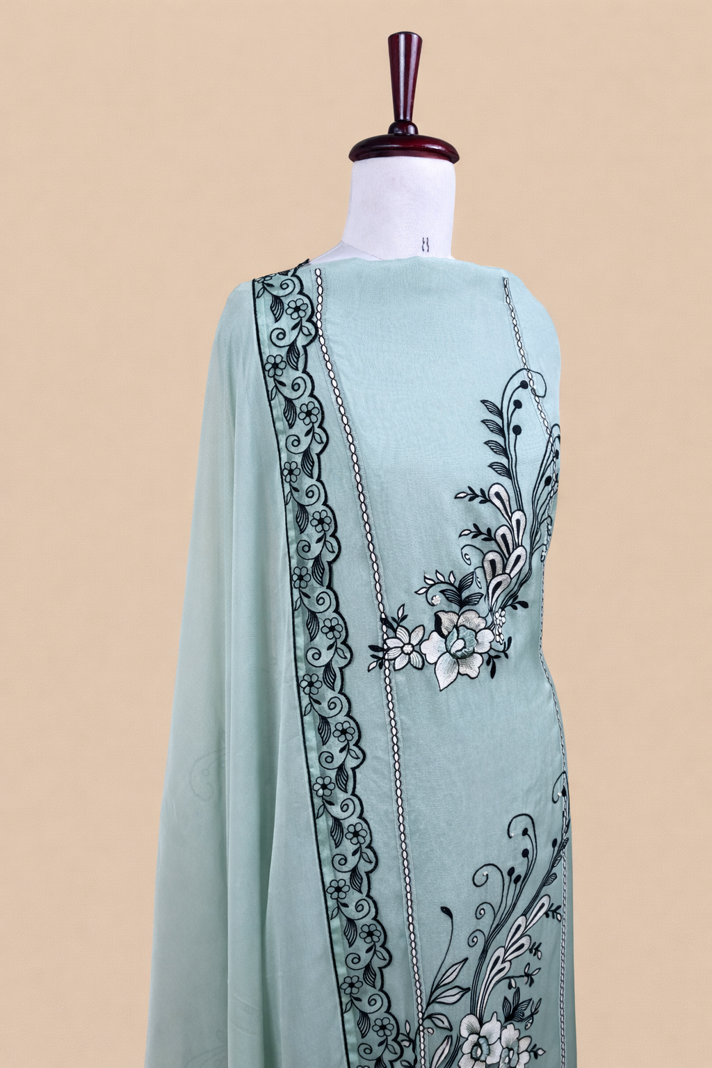 Pure Organza with Black Sequence and Pearl Embroidery Suit