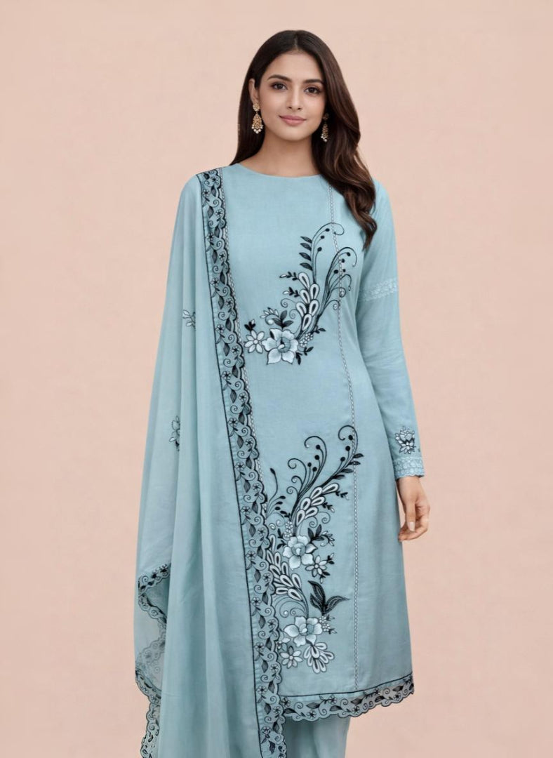 Pure Organza with Black Sequence and Pearl Embroidery Suit