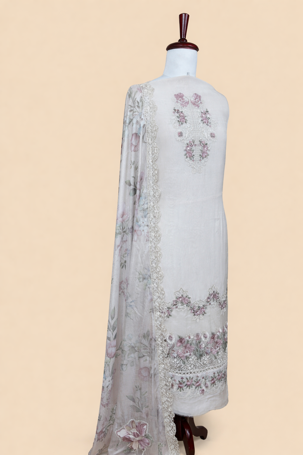 Pura Organza with Laces and Multi colour Thread Floral Embroidery Suit