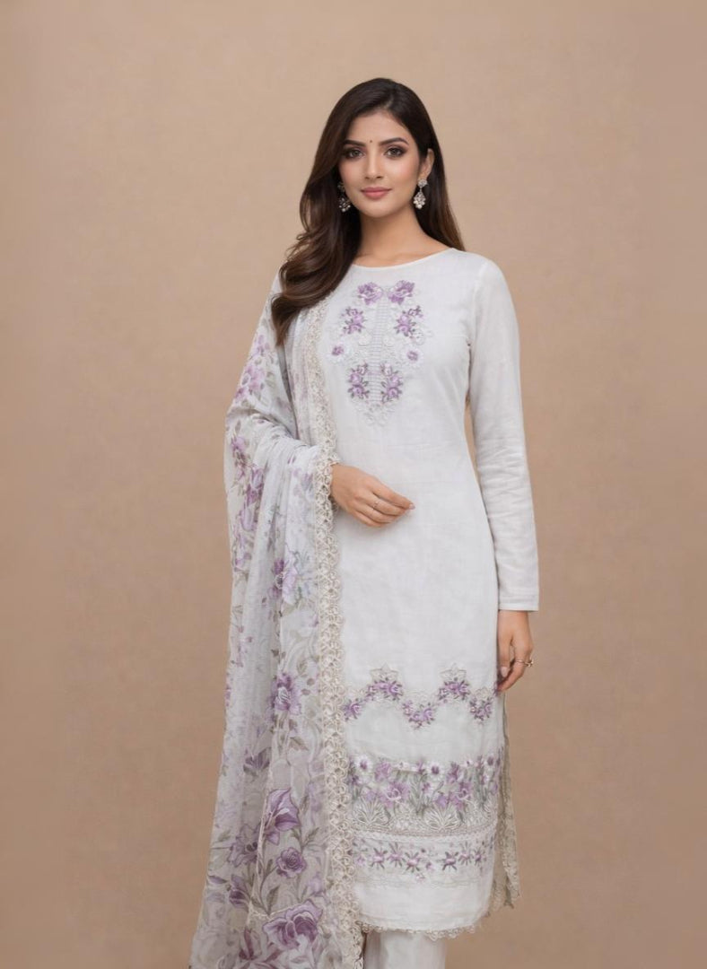 Pura Organza with Laces and Multi colour Thread Floral Embroidery Suit