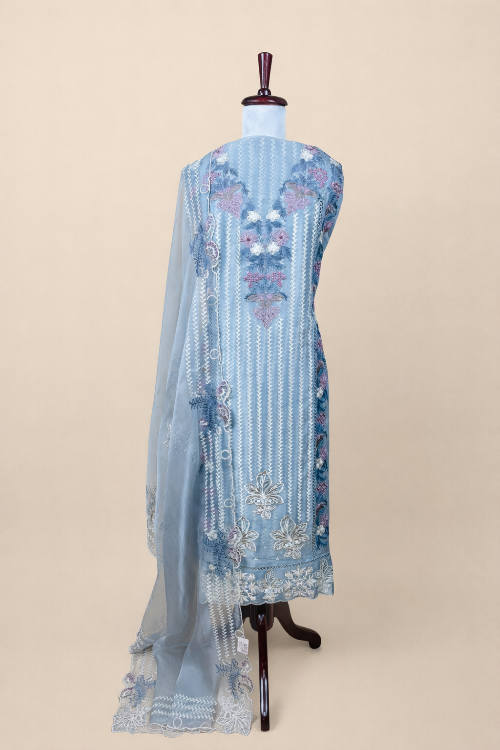 Pure Organza with Printed ,Pearl and Multi colour Thread Floral Embroidery Suit