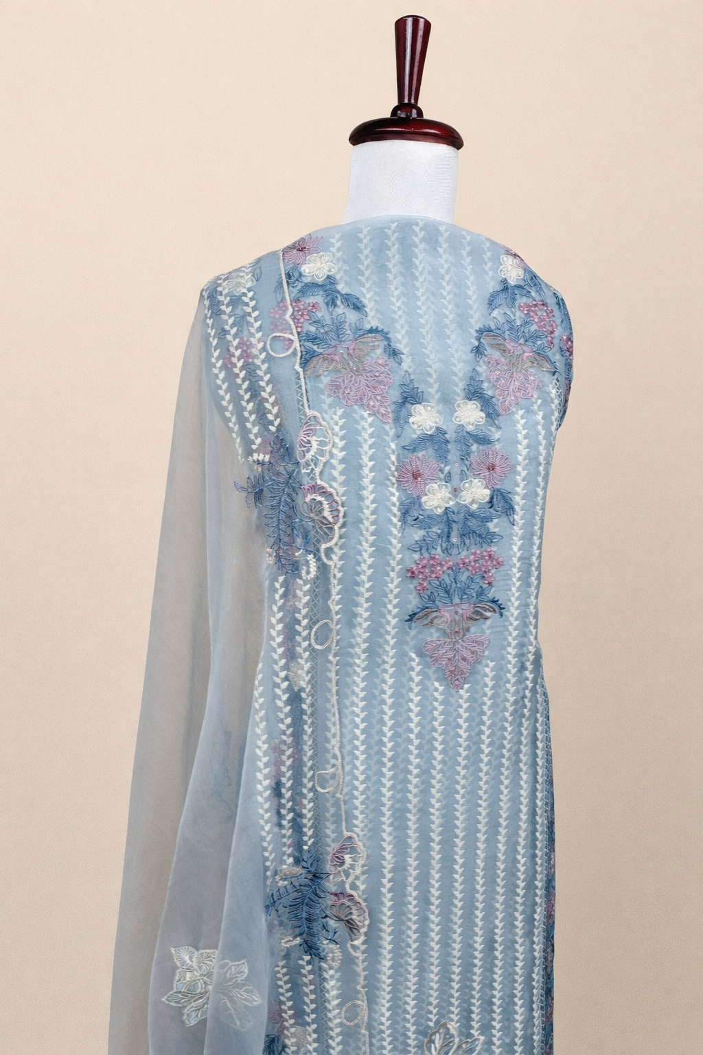 Pure Organza with Printed ,Pearl and Multi colour Thread Floral Embroidery Suit