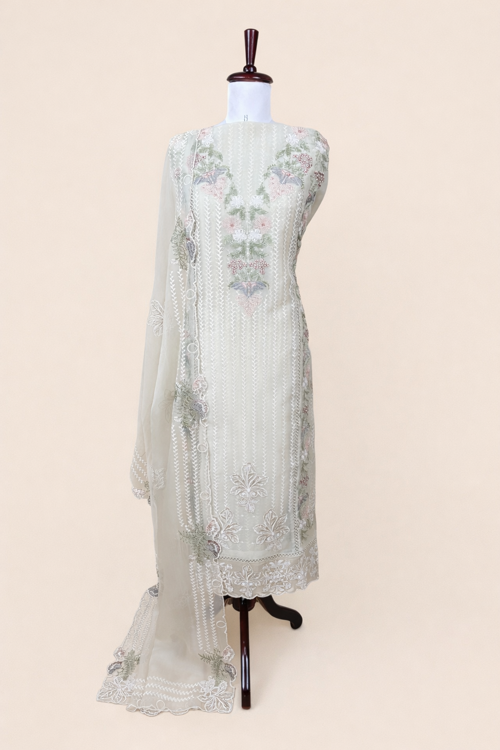 Pure Organza with Printed ,Pearl and Multi colour Thread Floral Embroidery Suit